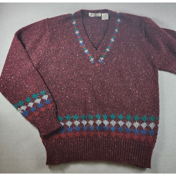 North Wales Sportswear Large V Neck Sweater Mens Wool Blend Geometric Print - Picture 1 of 8